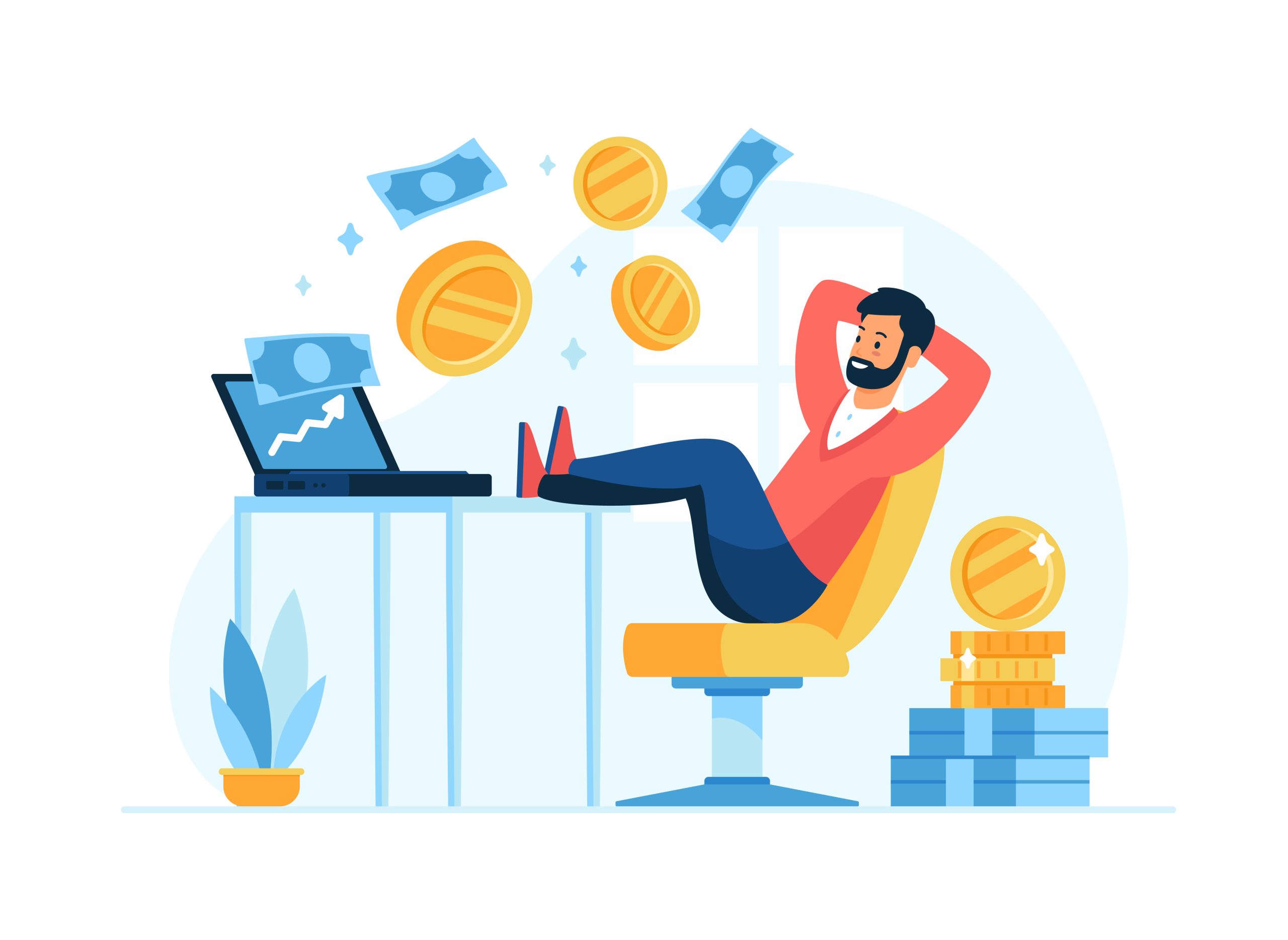Cartoon man sitting at desk making passive income 